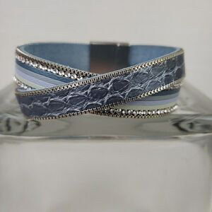 Double Band Blue Leather Bracelet Rhinestone Box Chain Cuff Magnetic Boho